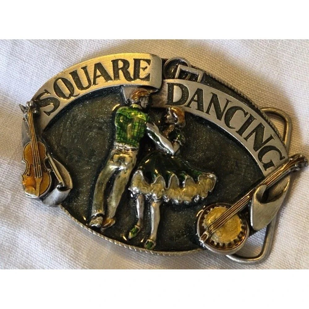 Vintage 1985 Siskiyou Square Dancing Pewter Belt Buckle Enamel Colored Music